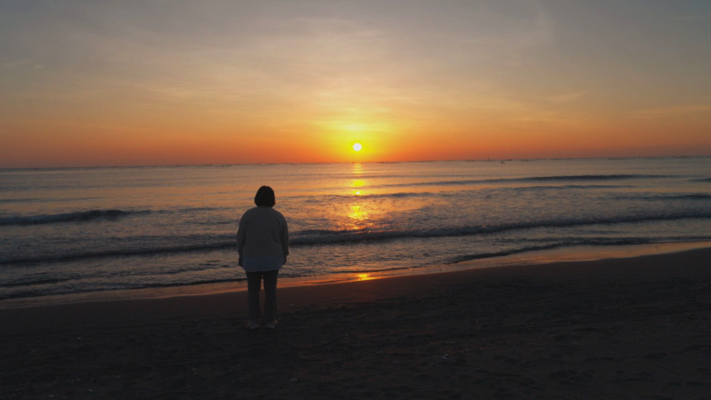 斐喬在岸邊看著夕陽